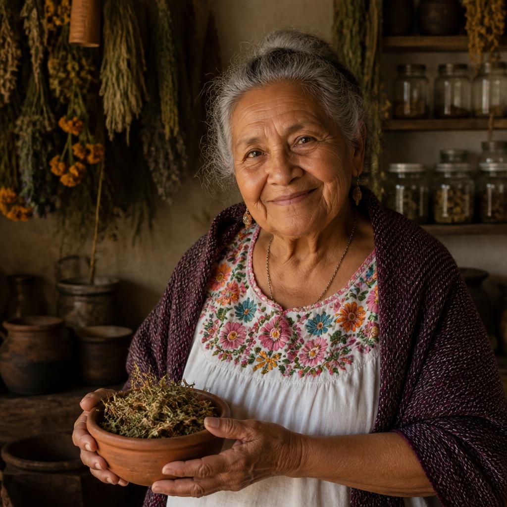 Doña Remedios Castellanos, herbolaria tradicional mexicana, en su cocina rodeada de hierbas secas
