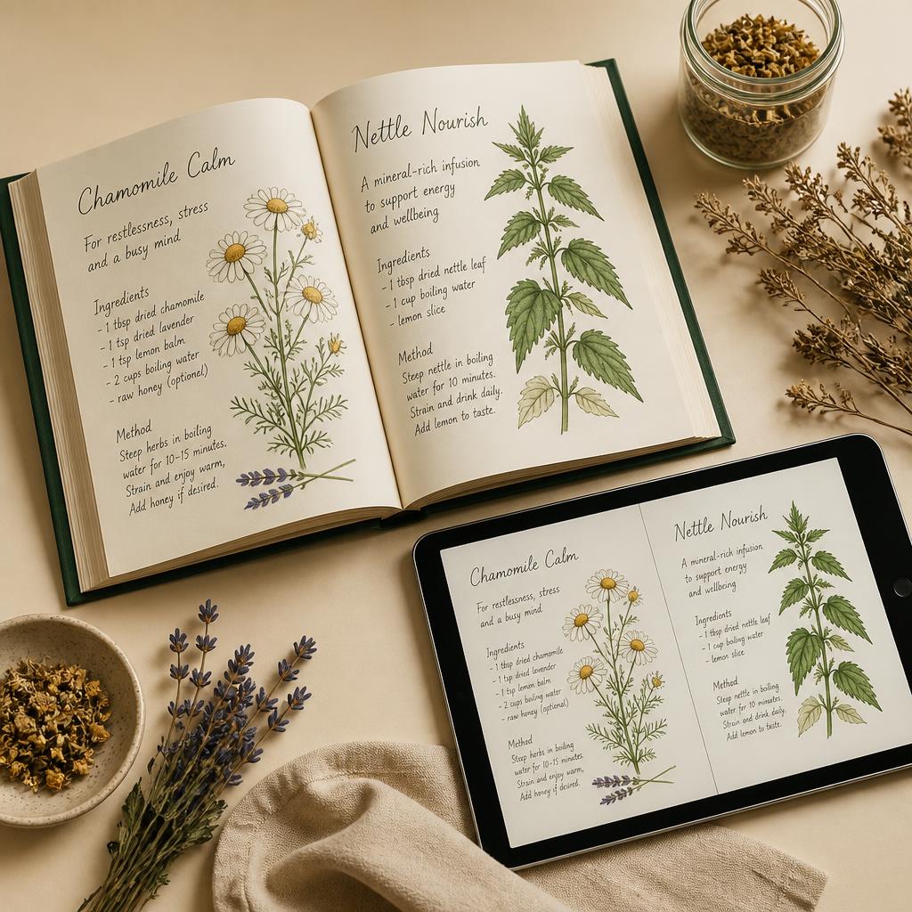 Interior del libro abierto mostrando recetas ilustradas de infusiones, junto a una tablet con la versión digital
